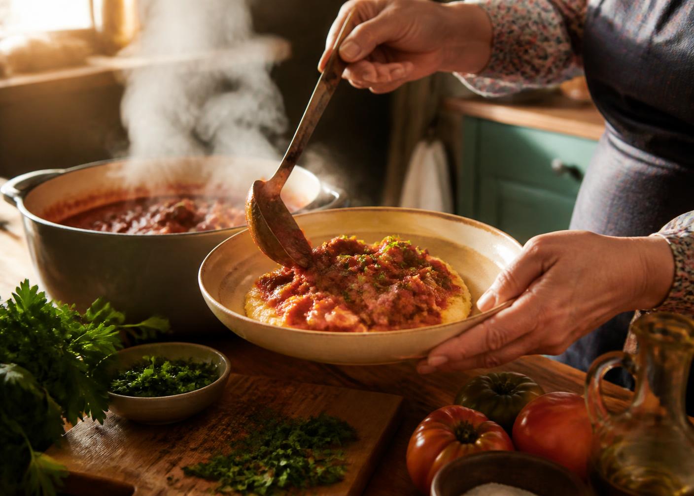 Mains d'une cuisinière servant un plat mijoté fumant à la maison